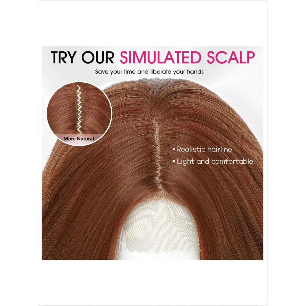 Auburn Medium Length Wavy Wig 18 In Middle Part Synthetic Hair Natural Hairline